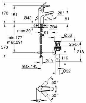 GROHE 32805000 BauCurve Смеситель однорычажный для раковины со сливным гарнитуром. Фото