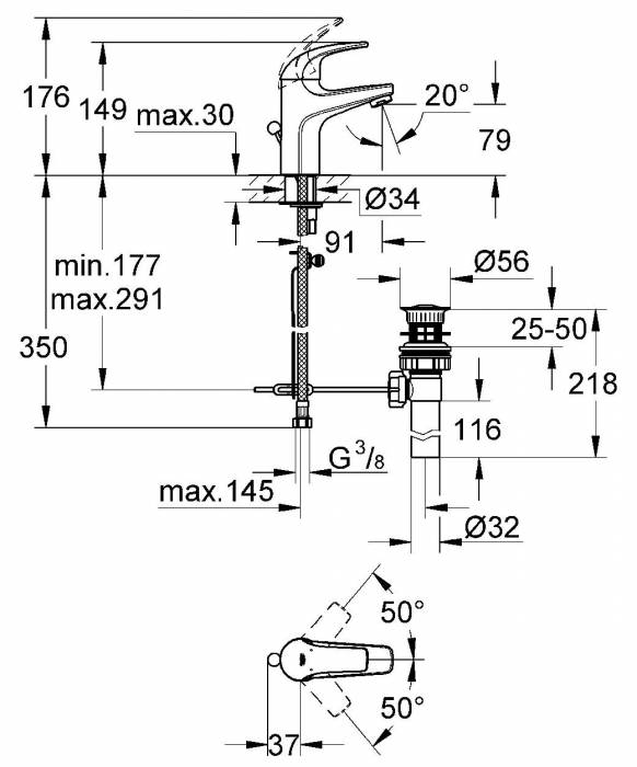 GROHE 23164000 BauCurve Смес.д.раковины,слив.гарн.. Фото
