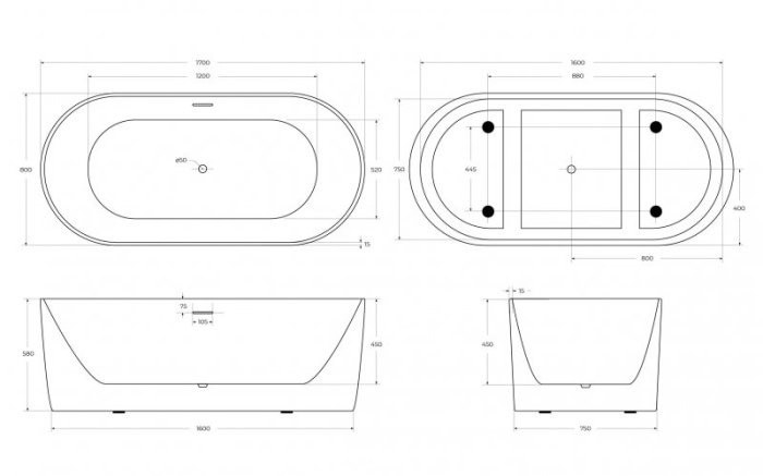 Ванна акриловая отдельностоящая матовая BELBAGNO BB411-1700-800-MATT. Фото