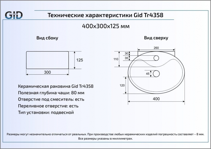 Раковина подвесная GID Tr4358 40х30 61117 Белый. Фото