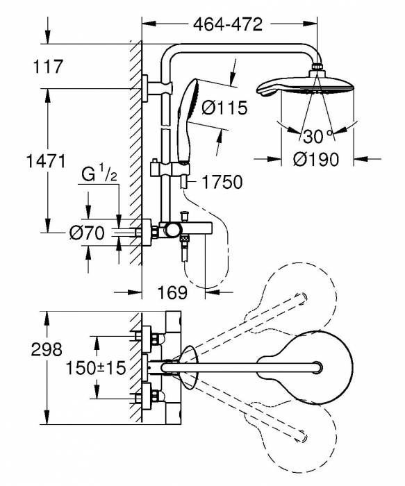 GROHE 26227000 Power & Soul 190 Душевая система с термостатом Grohtherm 1000 Cosmo для ванны. Фото