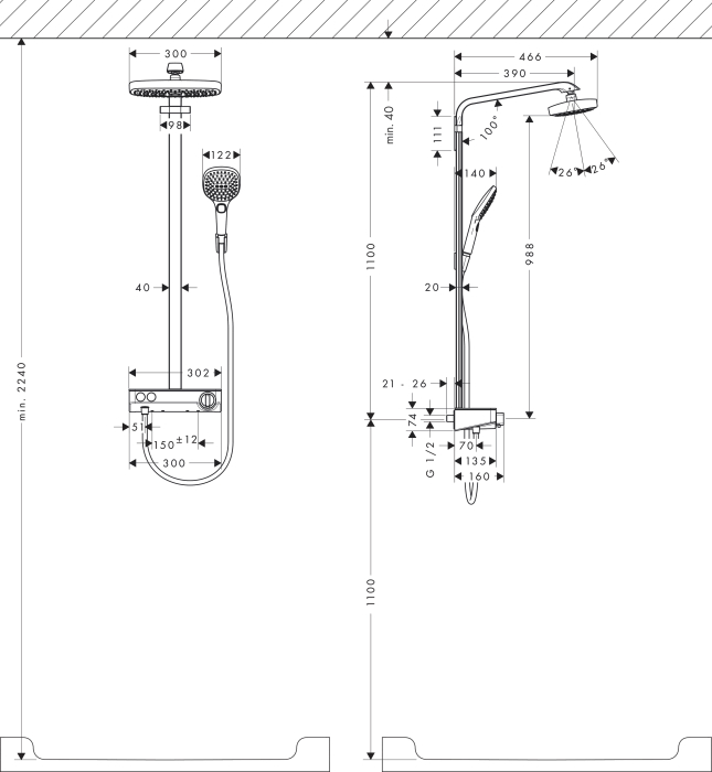 Душевая система Hansgrohe Raindance Select E Showerpipe 300 2jet EcoSmart 9 л/мин., ShowerTablet Select 300 27283000, хром. Фото