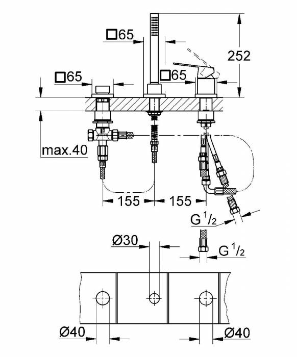 GROHE 19966000 Eurocube Смеситель однорычажный для ванны на три отверстия. Фото