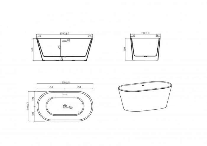 Ванна акриловая отдельностоящая BELBAGNO BB202-1500-750. Фото