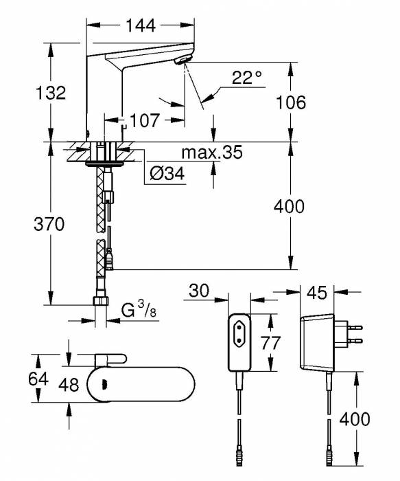 GROHE 36325001 Eurosmart Cosmopolitan E Инфракрасная электроника для раковины со смешиванием. Фото