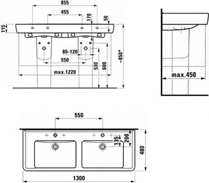 Раковина подвесная двойная LAUFEN Pro 130x48 8.1496.7.000.104.1. Фото