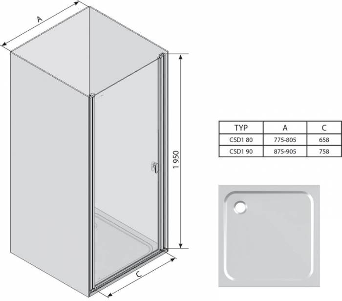 Душевая дверь RAVAK Chrome CSD1-90 (блестящий+транспарент) 0QV70C00Z1. Фото